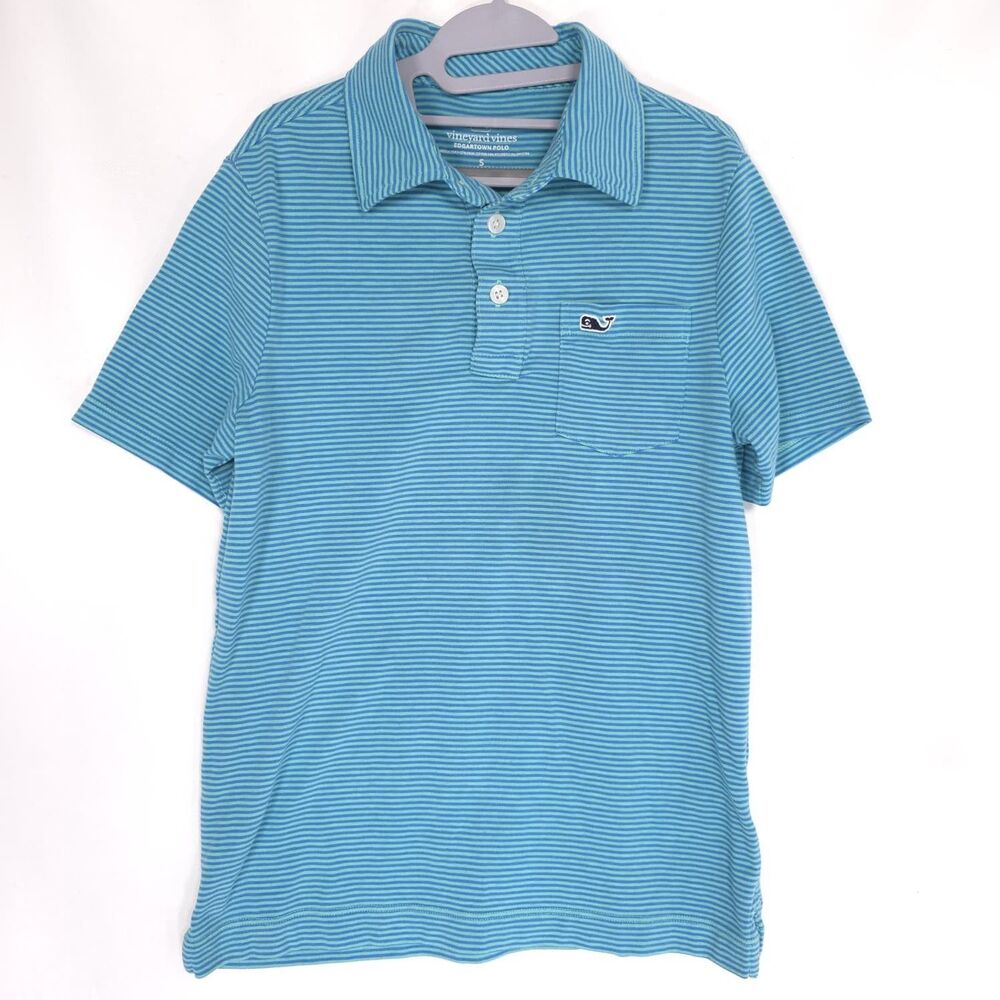 VINEYARD VINES Polo Kids Boys Shirt SMALL 8-9Y Striped‎ Blue Green Pocket Logo